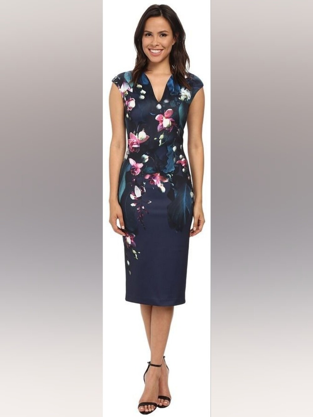 Ted Baker London Antonya Fuchsia Floral Midi Sheath Dress Navy Blue Zip US 8 EUC